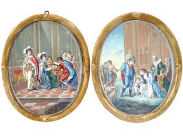 ANTIQUE 18TH C ROCOCO WATERCOLOR PAINTINGS FRAMED