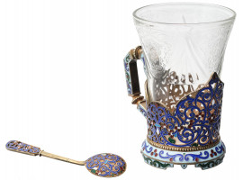 RUSSIAN GILT SILVER TEA GLASS HOLDER WITH SPOON