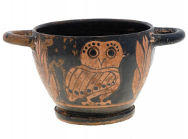 ANCIENT GREEK ATTIC OWL OLIVE TERRACOTTA SKYPHOS