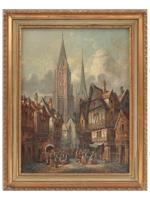 MEDIEVAL CITYSCAPE OIL PAINTING BY ALFRED BENTLEY
