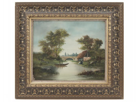 ANTIQUE 19TH C FRENCH RIVER LANDSCAPE PAINTING