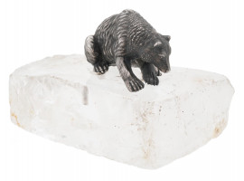 RUSSIAN SILVER BEAR FIGURINE ON ROCK CRYSTAL BASE