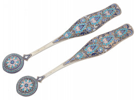 RUSSIAN SILVER CLOISONNE ENAMEL MUSTARD SPOONS