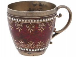 RUSSIAN GILT SILVER AND RED ENAMEL COFFEE CUP