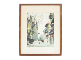 MID CENTURY CITYSCAPE WATERCOLOR PAINTING SIGNED