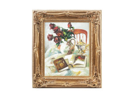 FRAMED STILL LIFE WITH BOOKS AND ROSES PAINTING