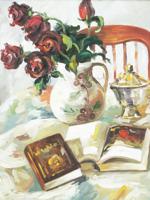 FRAMED STILL LIFE WITH BOOKS AND ROSES PAINTING