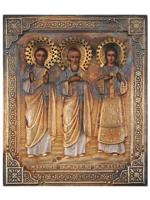 RUSSIAN TRAVEL ICON THREE SAINTS IN SILVER OKLAD