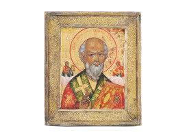 19TH C RUSSIAN ICON OF ST NICHOLAS W CHASED OKLAD