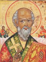 19TH C RUSSIAN ICON OF ST NICHOLAS W CHASED OKLAD