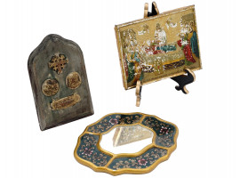 ANTIQUE ORTHODOX ICON, JERUSALEM COINS AND MIRROR
