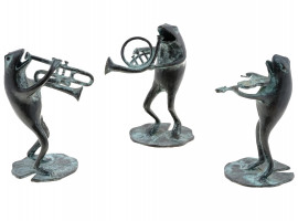 PATINATED CAST BRONZE MUSICIAN FROGS FIGURINES SET