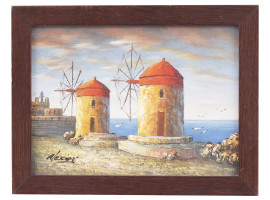 SEA LANDSCAPE WITH WINDMILLS OIL PAINTING SIGNED