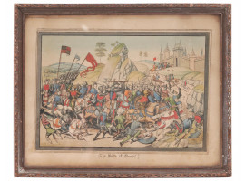 ANTIQUE COLORED LITHOGRAPH MEDIEVAL BATTLE SCENE