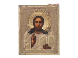 RUSSIAN ICON OF JESUS CHRIST IN BRASS OKLAD