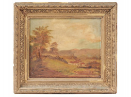 ANTIQUE EARLY 20TH C RURAL LANDSCAPE OIL PAINTING