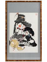 CHINESE WATERCOLOR PAINTING CHILD WITH DOG SIGNED