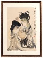 CHINESE WATERCOLOR PAINTING OF TWO FEMALE W SITAR