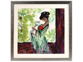MODERN CHINESE WATERCOLOR PAINTING LADY WITH CAT