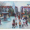 VINTAGE RUSSIAN TOWN SQUARE OIL PAINTING UNSIGNED PIC-0