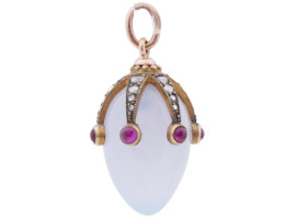 RUSSIAN 14K GOLD RUBY DIAMONDS CHALCEDONY EGG PENDANT