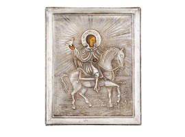 RUSSIAN TRAVEL SAINT TRYPHON ICON IN SILVER OKLAD