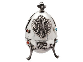 RUSSIAN 84 SILVER GEM STONES EGG BOX W FIGURINES