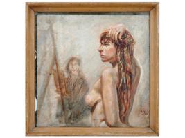 MID CENTURY FEMALE NUDE PASTEL PAINTING SIGNED