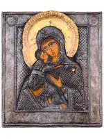 RUSSIAN ICON VIRGIN OF VLADIMIR IN SILVER OKLAD