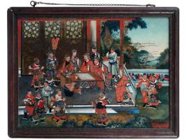 CHINESE QING REVERSE GLASS PAINTING COURT SCENE