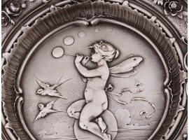 ANTIQUE RUSSIAN SILVER CHASED ASHTRAY WITH CUPID