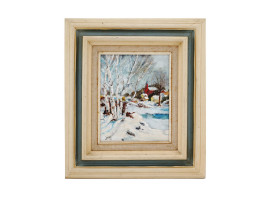 MID CENTURY WINTER LANDSCAPE OIL PAINTING BY LANG