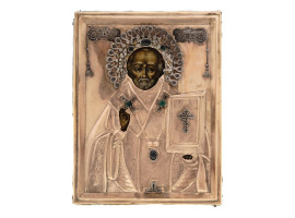 RUSSIAN SAINT NICHOLAS ICON 14K GOLD SILVER OKLAD