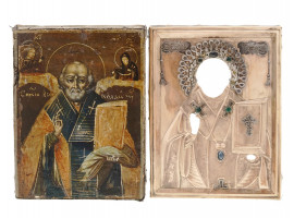 RUSSIAN SAINT NICHOLAS ICON 14K GOLD SILVER OKLAD