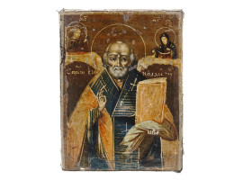 RUSSIAN SAINT NICHOLAS ICON 14K GOLD SILVER OKLAD