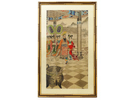 ANTIQUE JAPANESE COURT SCENE PAINTING FRAMED