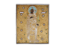 RUSSIAN SAINT MARIA ICON GILT SILVER ENAMEL RIZA