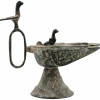 ANTIQUE ISLAMIC DOUBLE WICKED BRONZE OIL LAMP PIC-4