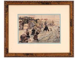 VICTORIAN ERA BATHING SCENE COLOR LINOCUT SIGNED