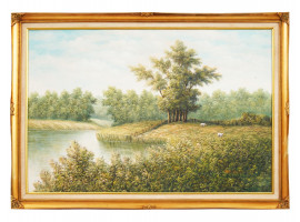 20TH C PASTORAL LANDSCAPE OIL PAINTING BY P WILSON