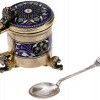 AMERICAN SILVER AND ENAMEL MUSTARD CUP WITH SPOON PIC-1