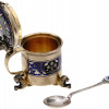 AMERICAN SILVER AND ENAMEL MUSTARD CUP WITH SPOON PIC-2