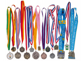 LOT OF FIFTEEN WORLD SPORT MEDALS WITH RIBBONS