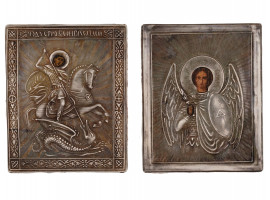 TWO IMPERIAL RUSSIAN TRAVEL ICONS IN SILVER OKLAD