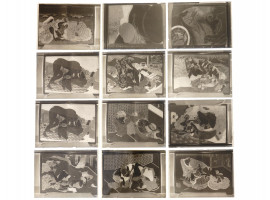 ANTIQUE JAPANESE GLASS PLATE NEGATIVES WITH SHUNGA SCENES