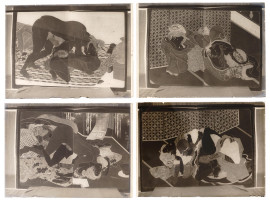 ANTIQUE JAPANESE GLASS PLATE NEGATIVES WITH SHUNGA SCENES