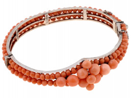 STERLING SILVER PINK CORAL BEADED BANGLE BRACELET