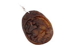 VINTAGE OVAL BROWN JADE CARVED TIGER PENDANT