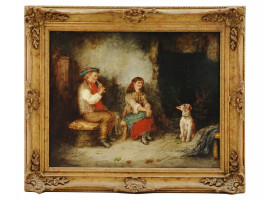 DUTCH OIL PAINTING OF CHILDREN WITH A DOG SIGNED