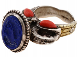 ANTIQUE INDIAN STERLING LAPIS LAZULI CORAL RING